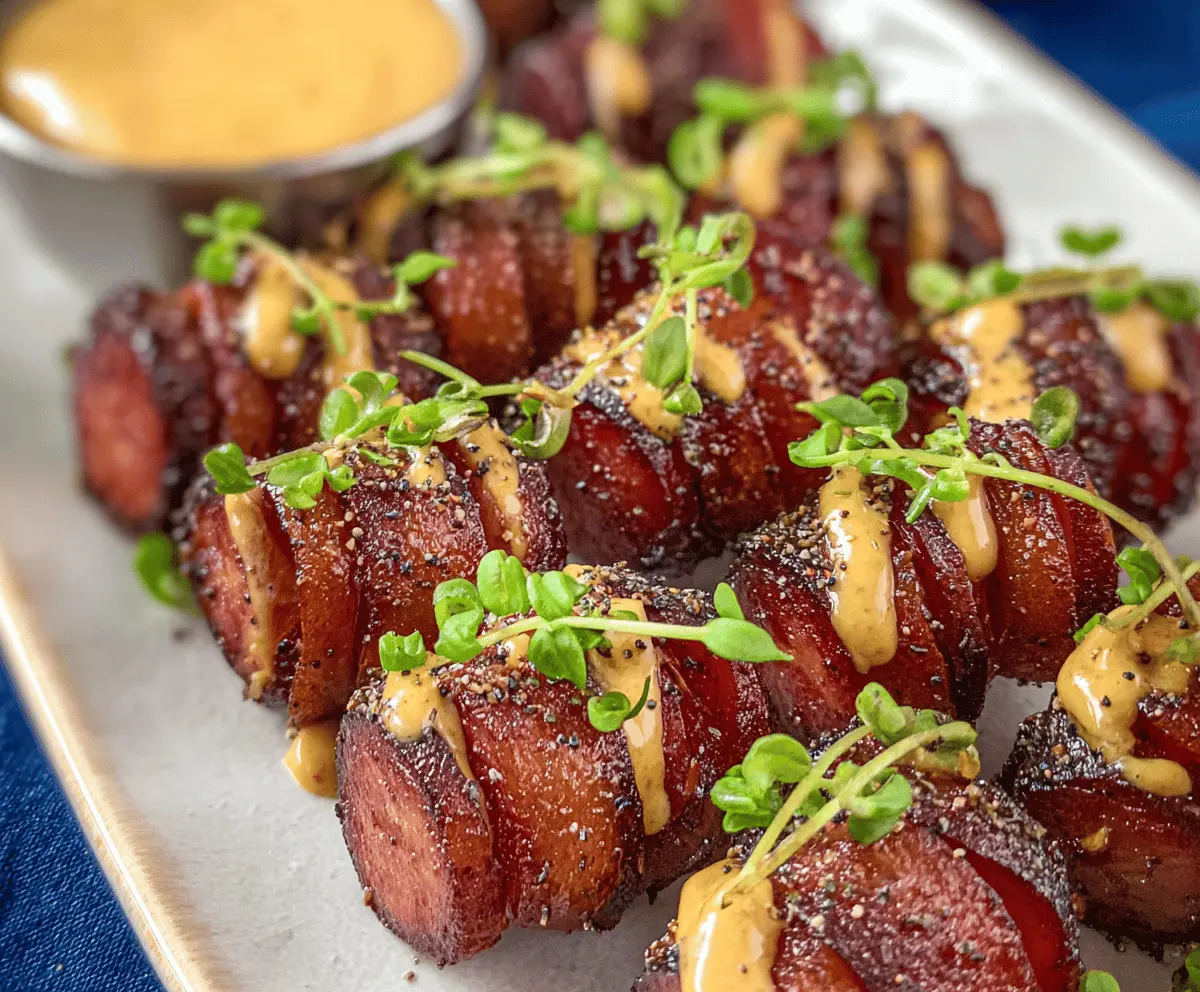 Savory Mustard Hasselback Kielbasa Bites served on a platter with garnishes