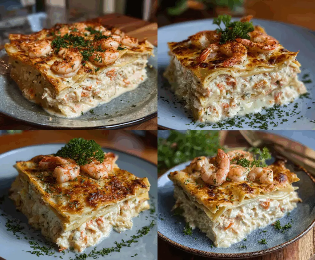 Delicious shrimp and crab lasagna showing layers of seafood and cheese in a baking dish.