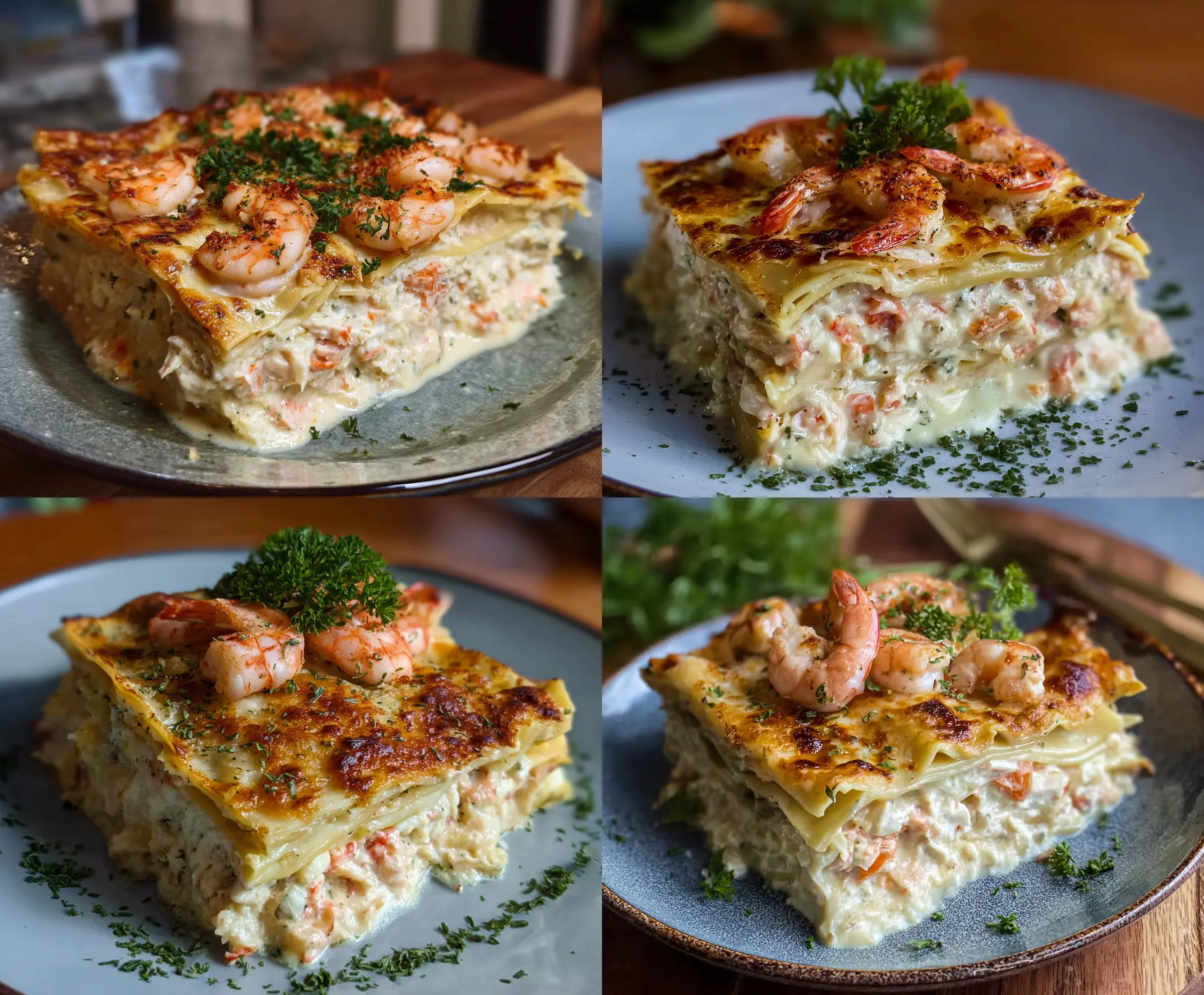 Delicious shrimp and crab lasagna showing layers of seafood and cheese in a baking dish.