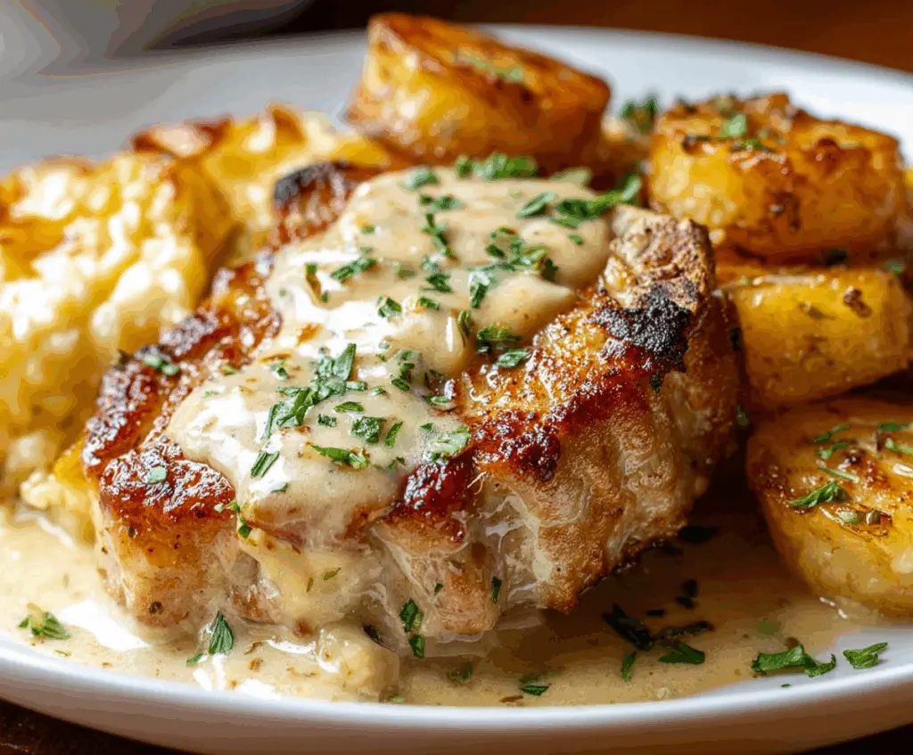 Delicious smothered pork chop served with creamy scalloped potato casserole, perfect for a hearty meal.