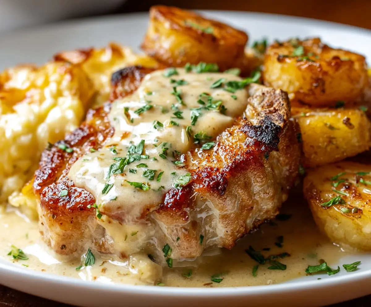 Delicious smothered pork chop served with creamy scalloped potato casserole, perfect for a hearty meal.