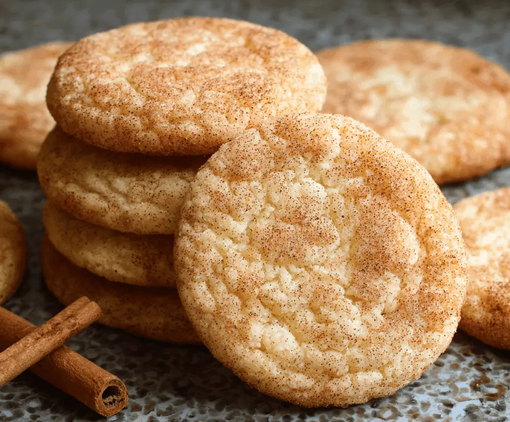 Golden-brown snickerdoodle cookies coated in cinnamon sugar on a baking sheet.