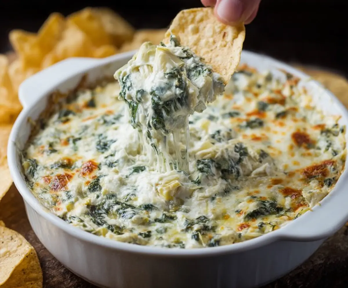 Creamy spinach artichoke dip served with crispy bread slices, perfect for appetizers and parties.
