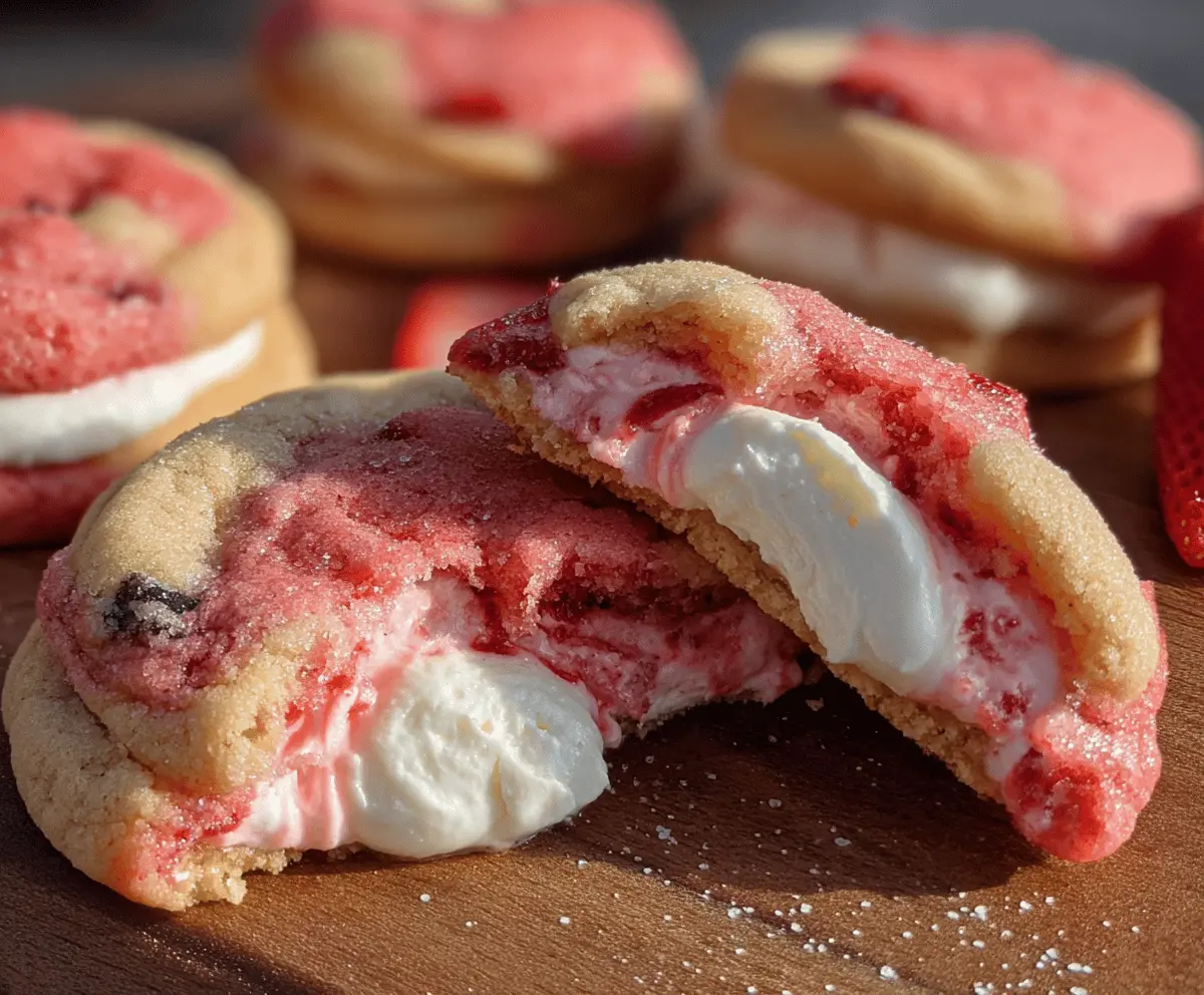 Delicious strawberry cheesecake stuffed cookies with fresh strawberries and creamy cheesecake filling.