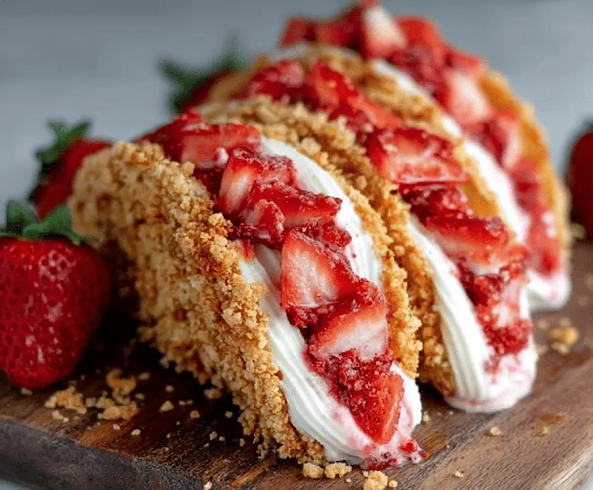 Delicious Strawberry Crunch Cheesecake Tacos with fresh strawberries and crunchy topping