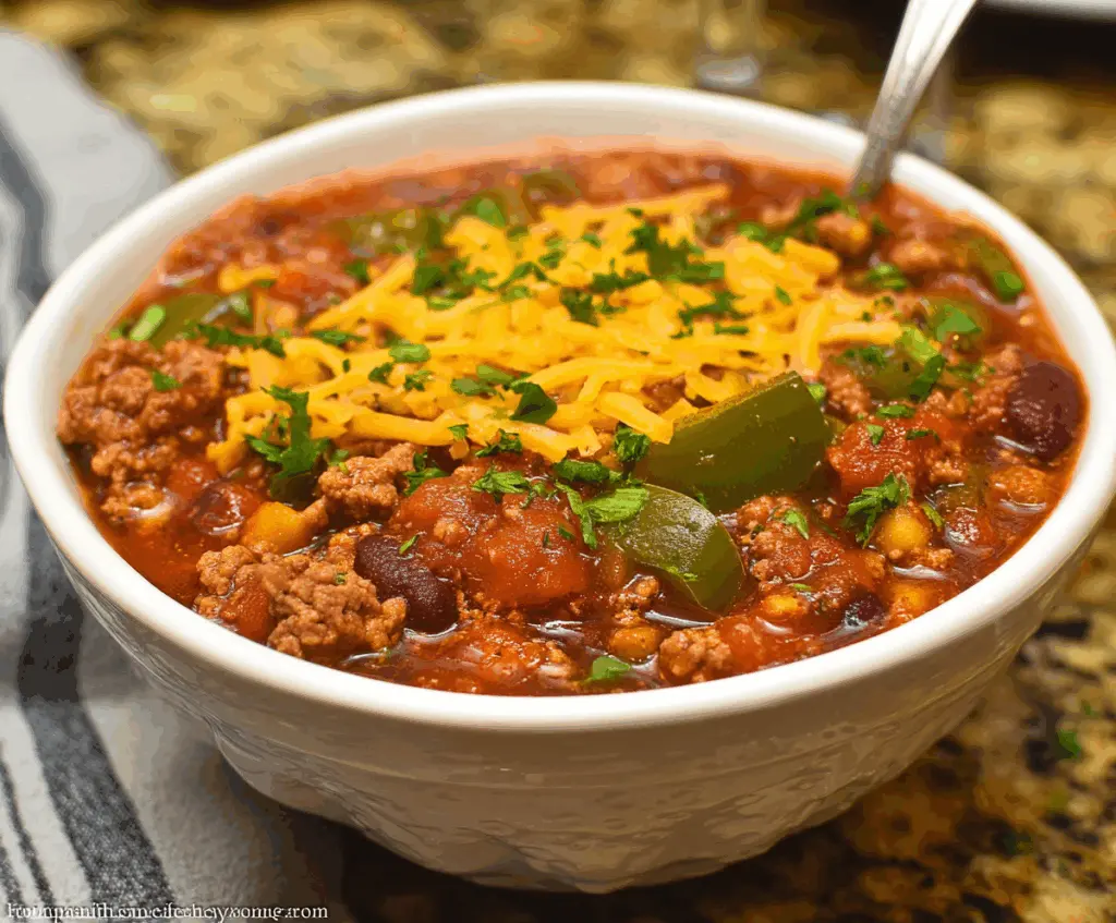 A hearty bowl of The Pioneer Woman Chili topped with cheese and fresh herbs, showcasing a comforting and flavorful meal.