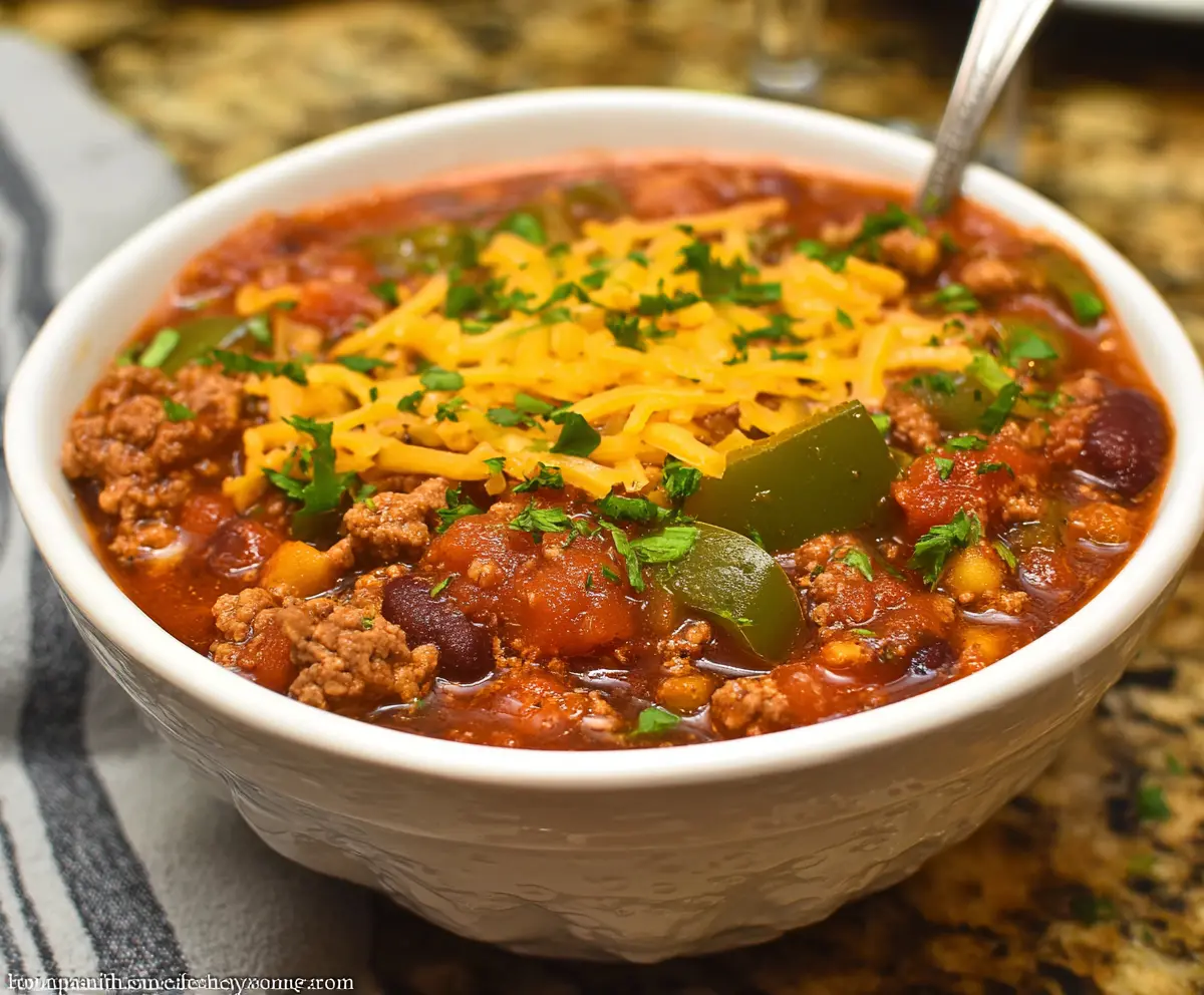A hearty bowl of The Pioneer Woman Chili topped with cheese and fresh herbs, showcasing a comforting and flavorful meal.