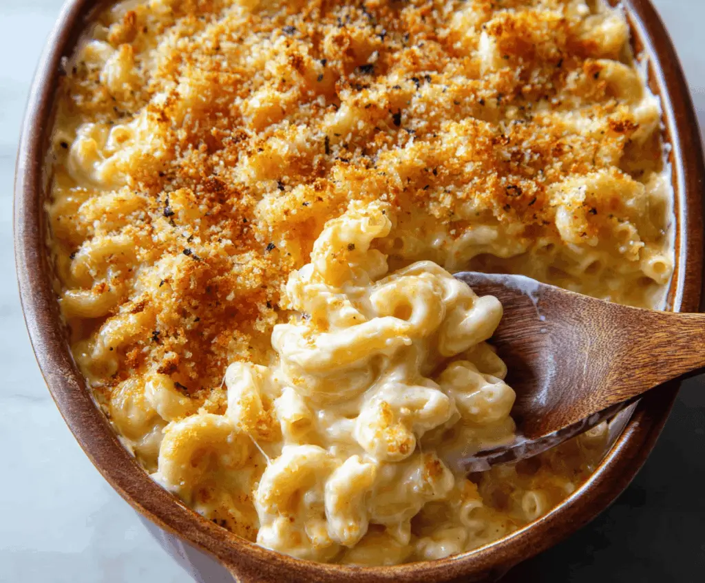 Delicious creamy mac and cheese served in a white bowl, topped with melted cheese and herbs.