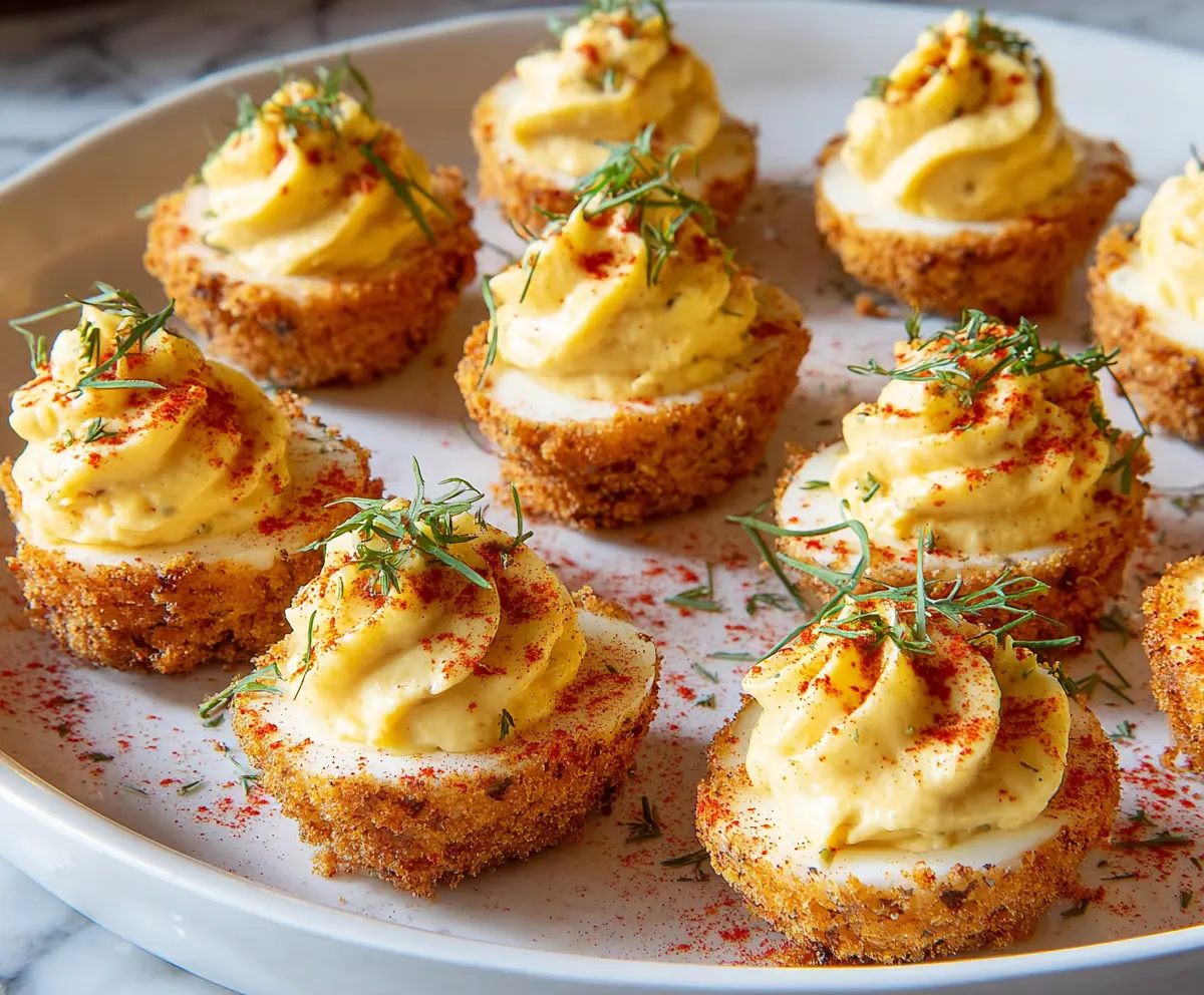 Creamy Air Fryer Deviled Eggs garnished with paprika and fresh herbs, perfect for appetizers and party snacks.