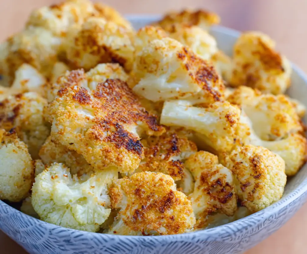 Crispy Air Fryer Parmesan Roasted Cauliflower with golden brown edges and grated Parmesan topping.