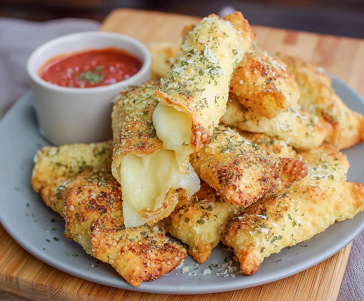Golden crispy air fryer wonton mozzarella sticks served with marinara dipping sauce.