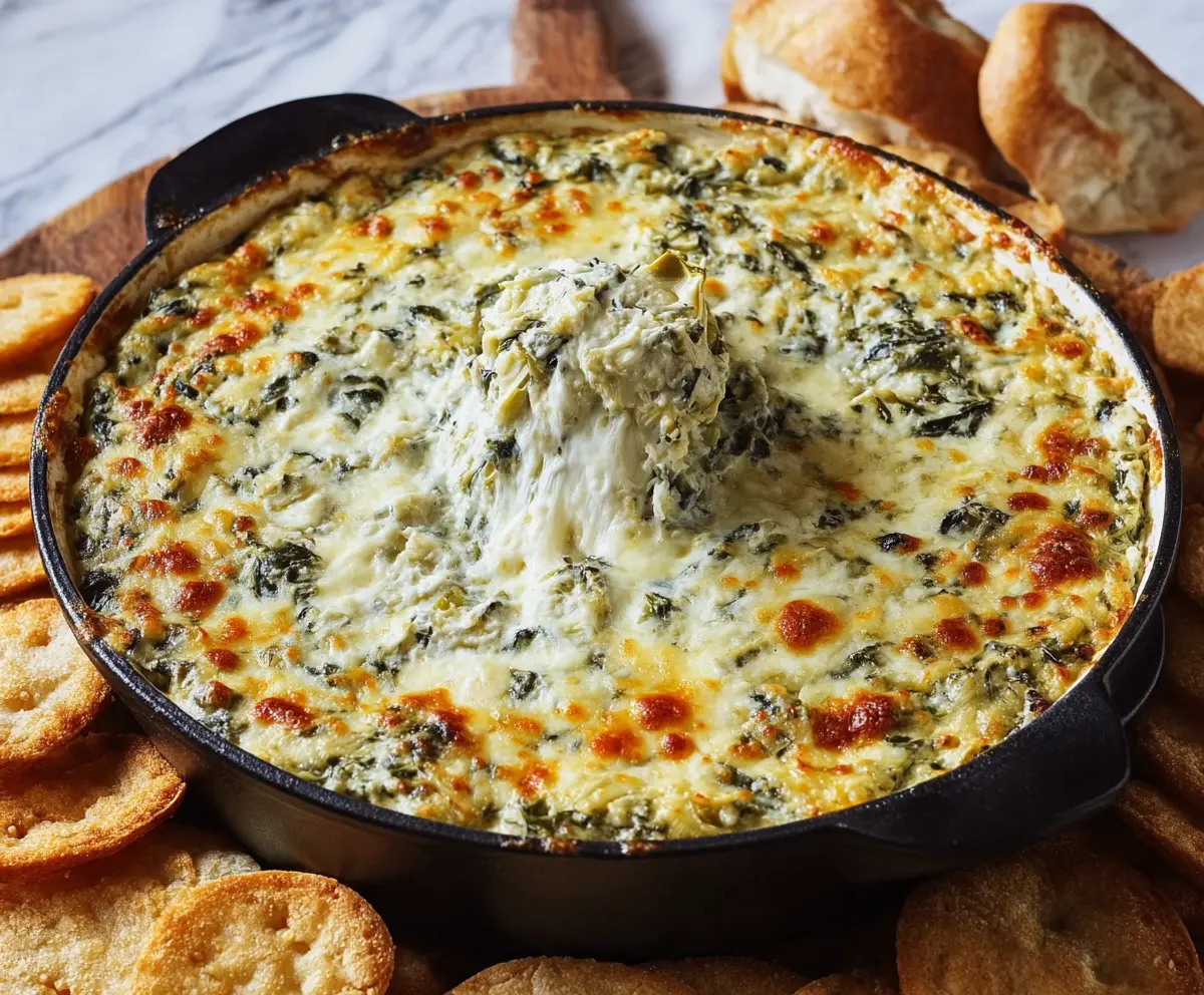 Creamy baked spinach artichoke dip served in a bowl, perfect for parties and snacks.