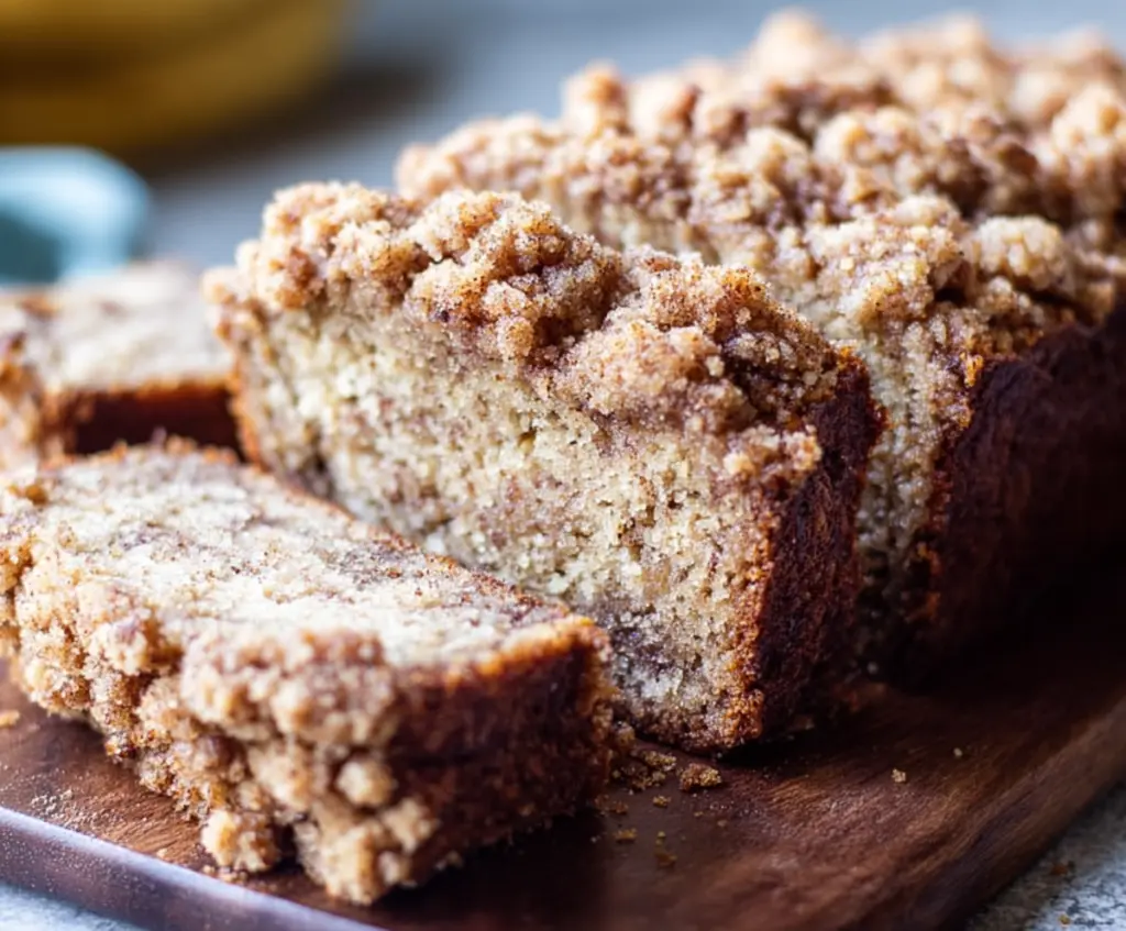 Homemade banana bread with a golden streusel crumb topping on a plate, perfect for breakfast or dessert.