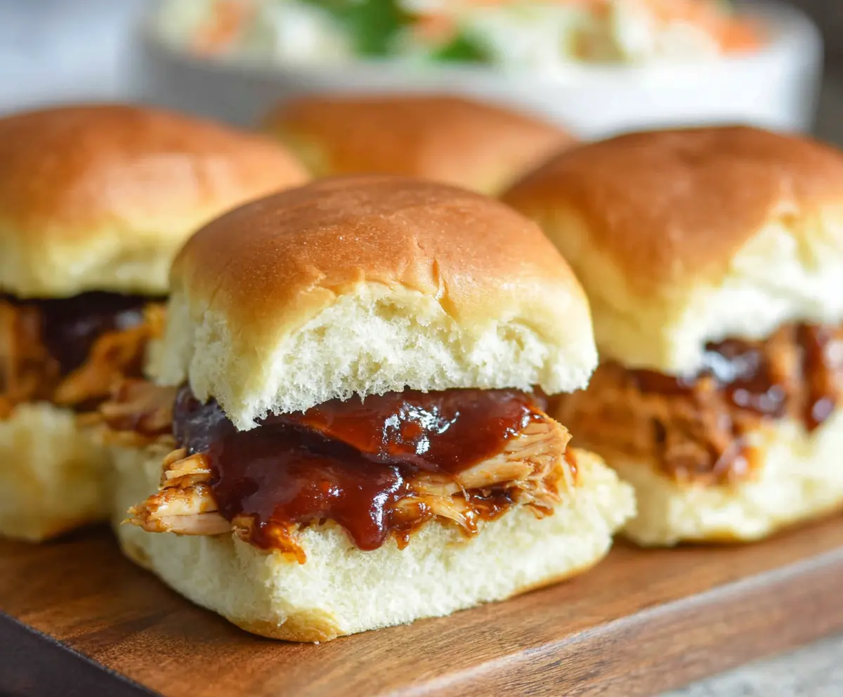 Delicious BBQ chicken sliders stacked with melted cheese and fresh toppings on a plate.