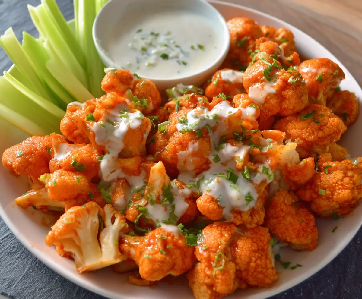 Crispy Buffalo Cauliflower Bites served with fresh celery and blue cheese dressing.