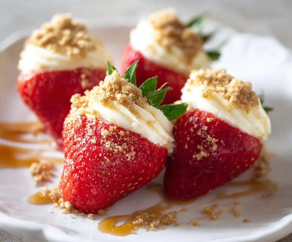 Delicious cheesecake stuffed strawberries garnished with chocolate drizzle for a tasty dessert