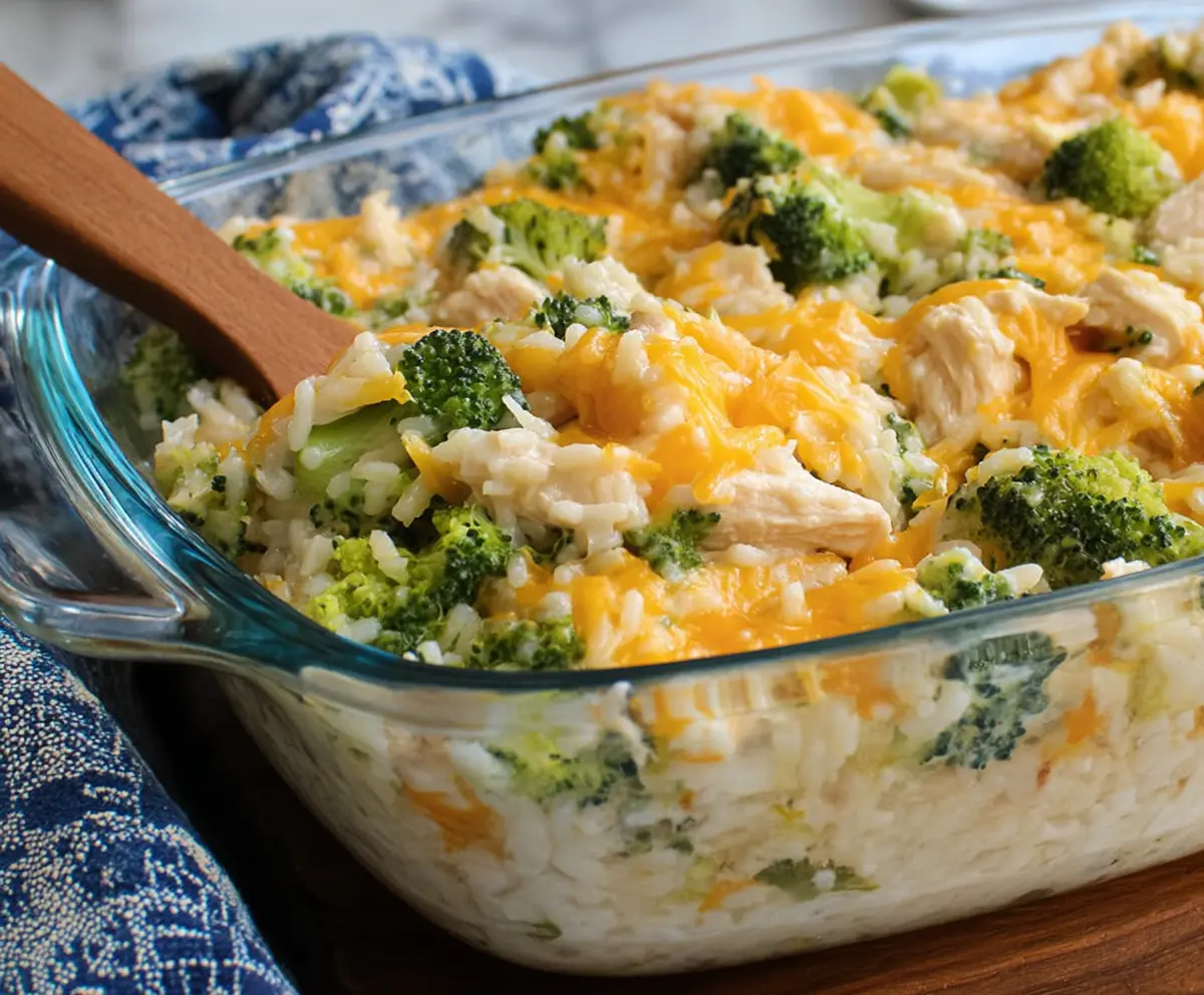 Delicious chicken broccoli rice casserole in a baking dish, topped with melted cheese and fresh herbs.