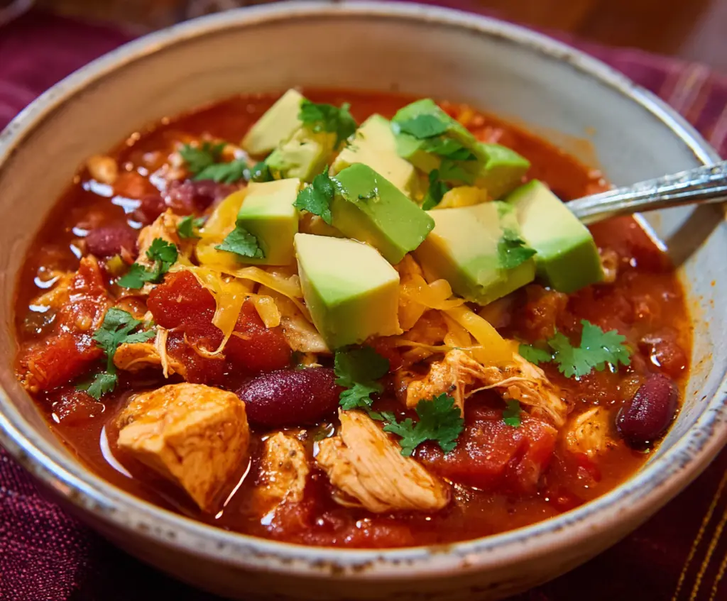 Delicious homemade chicken chili in a bowl with beans and spices, perfect for cozy dinners