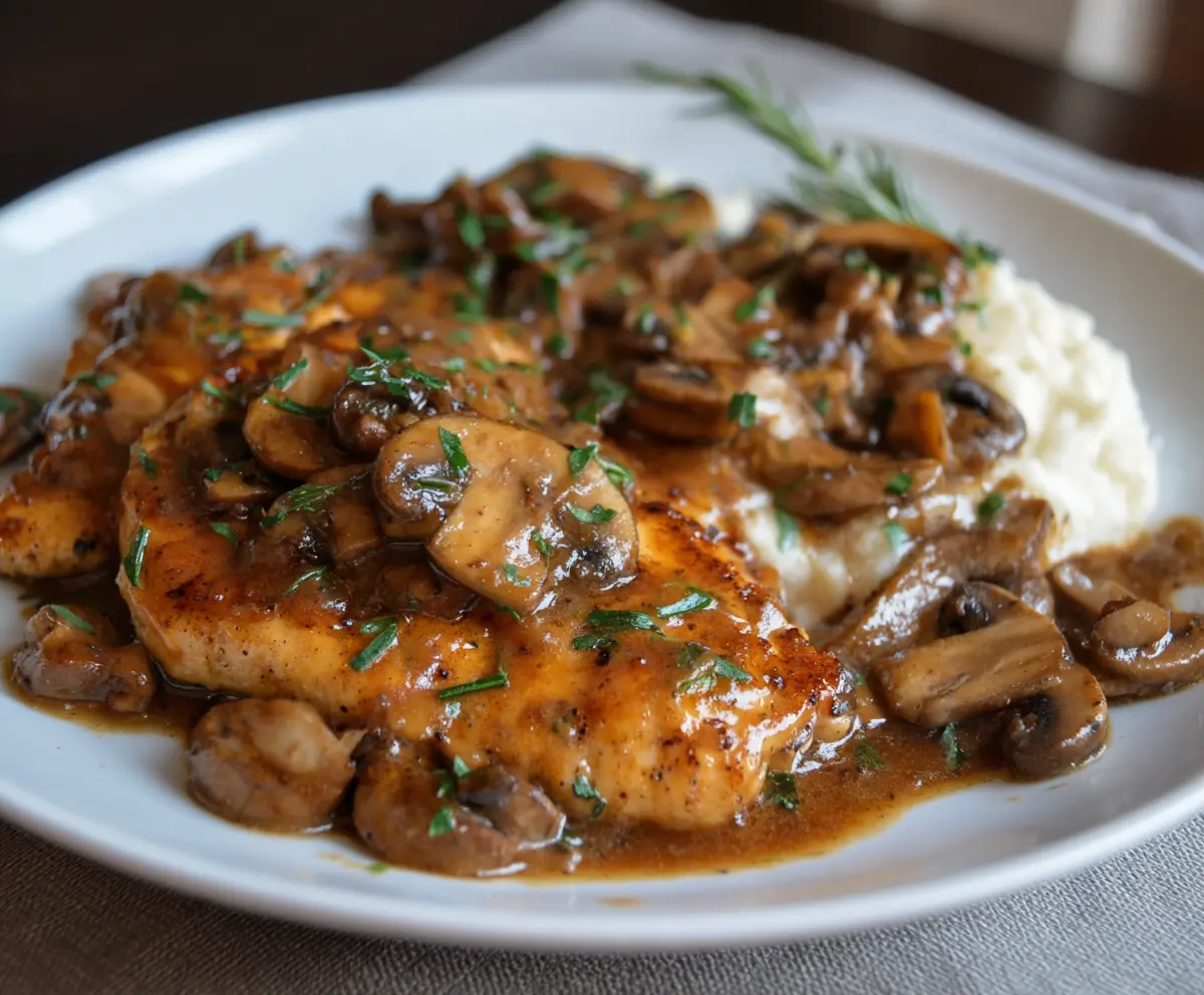 Delicious Chicken Marsala with tender chicken breasts cooked in rich mushroom and Marsala wine sauce.