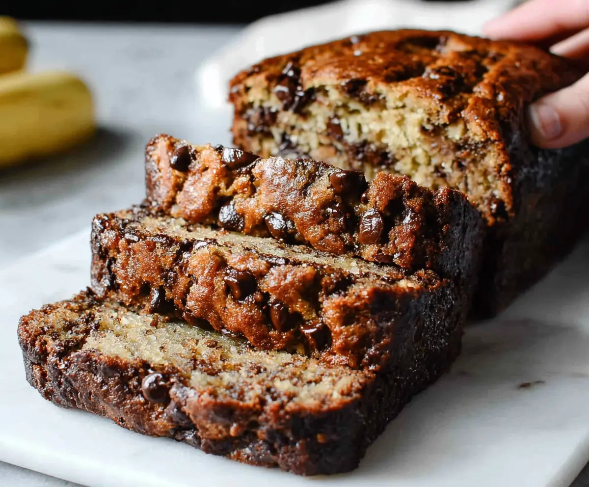 Delicious homemade chocolate chip banana bread fresh out of the oven with melty chocolate chips.