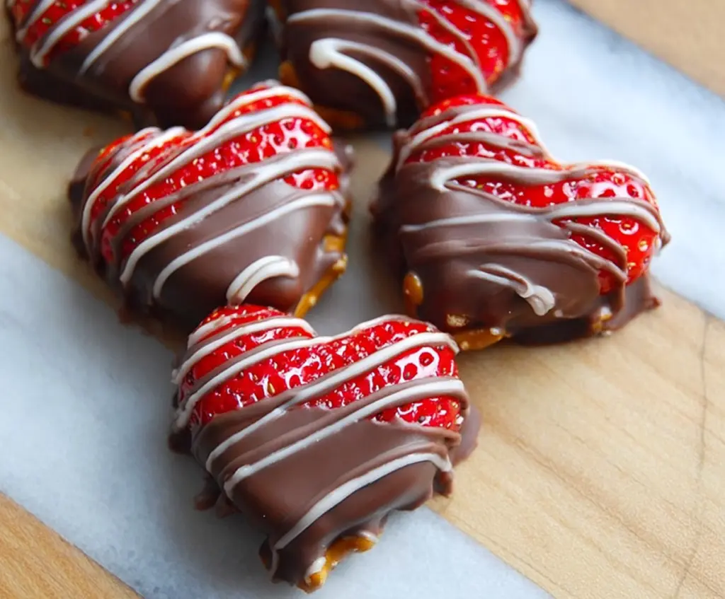 Delicious chocolate-dipped strawberry pretzel hearts for Valentine's Day treat