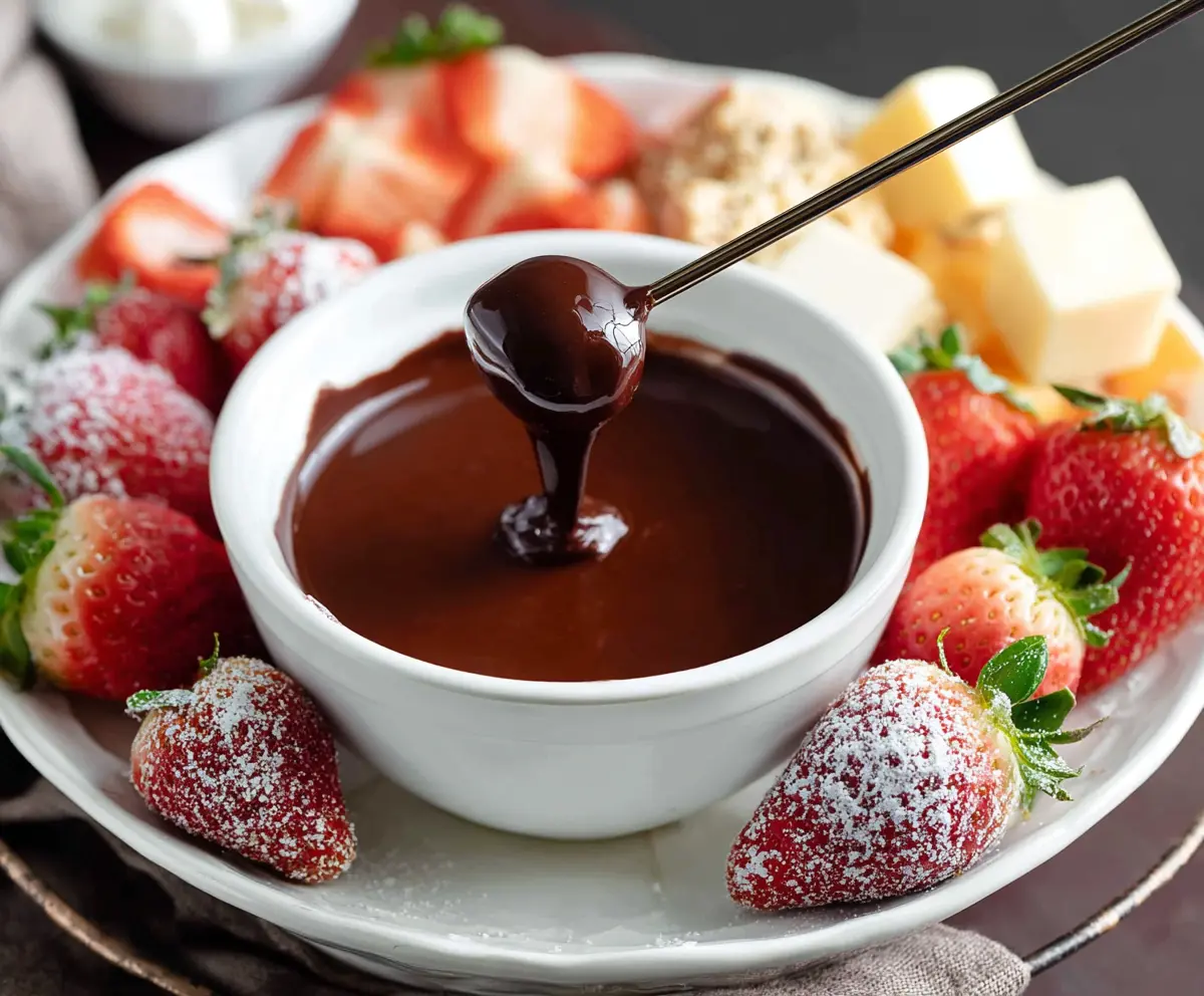 Delicious chocolate fondue served for two, with a bowl of creamy melted chocolate and fresh strawberries for dipping.