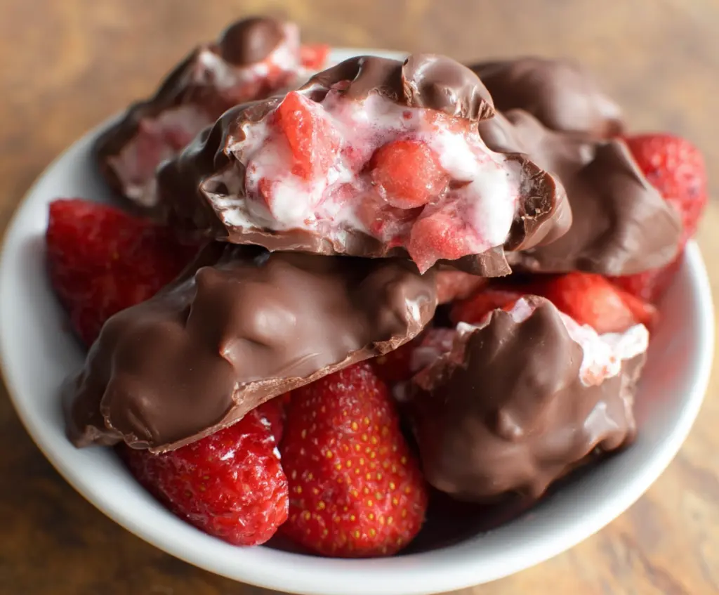 Delicious chocolate strawberry yogurt clusters on a white plate with fresh strawberries