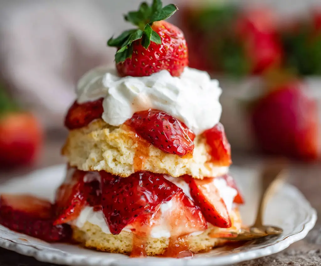 Delicious classic strawberry shortcake with fresh strawberries, fluffy whipped cream, and golden sponge cake.
