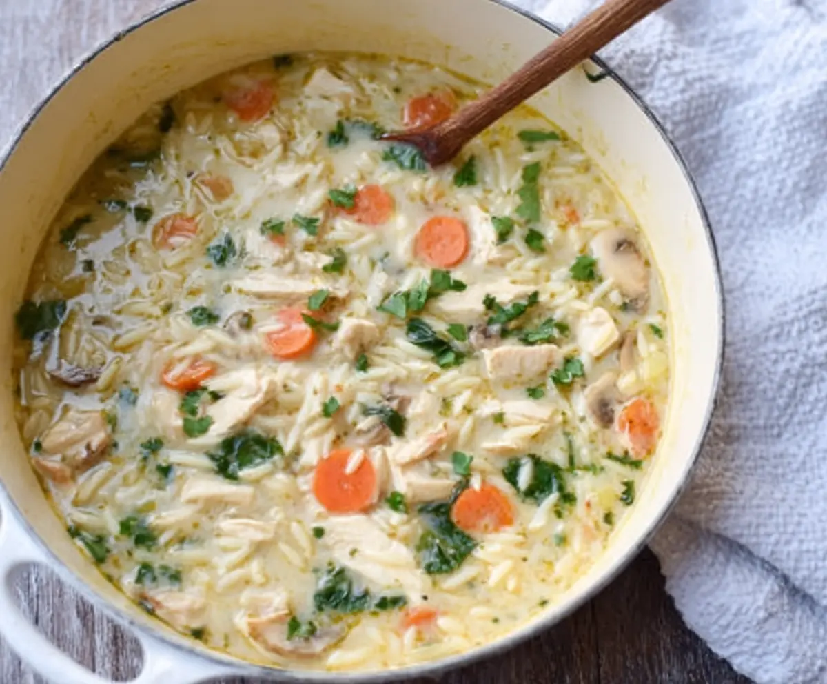 Warm and comforting creamy chicken orzo winter soup in a bowl, garnished with fresh herbs.