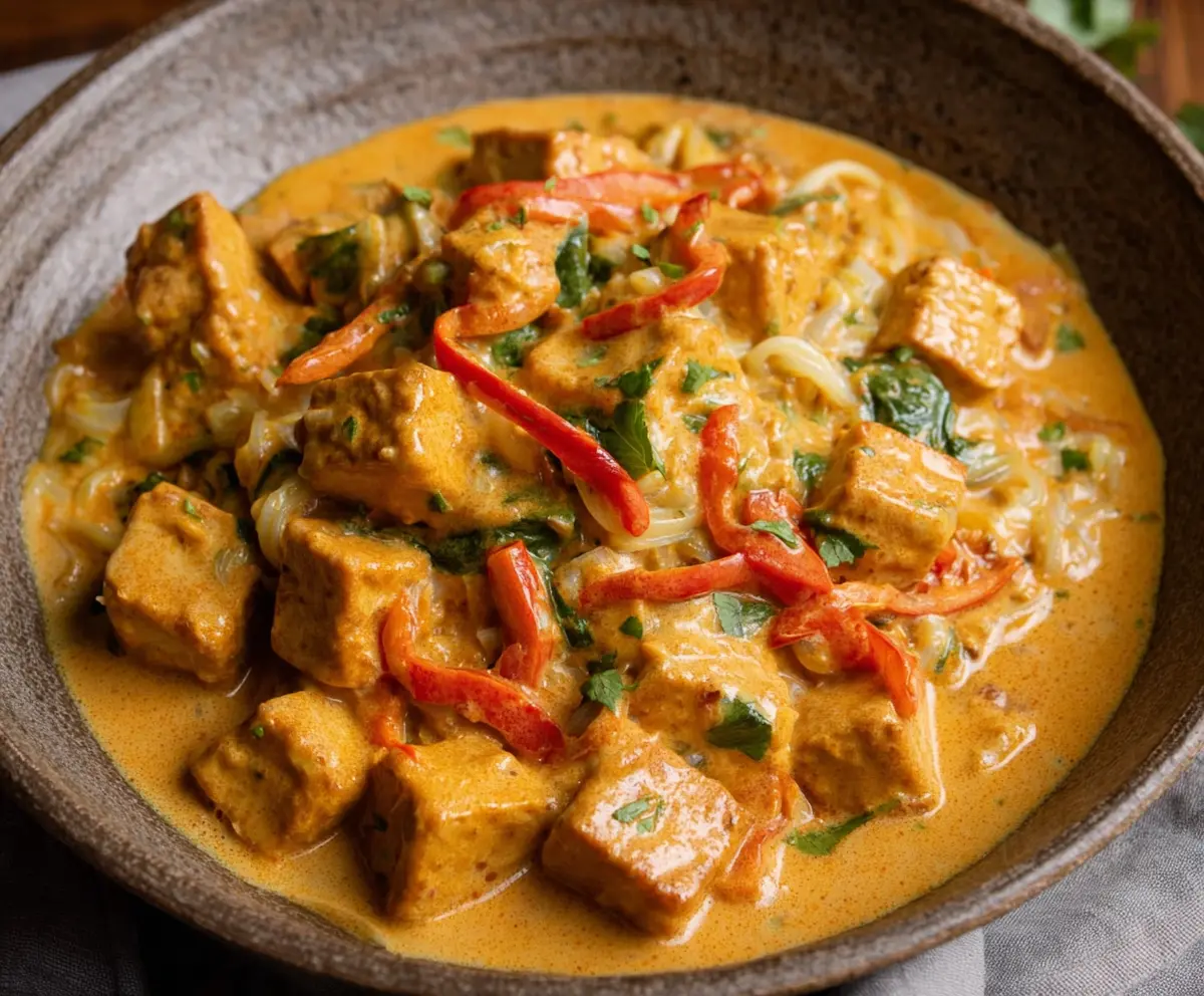 Delicious creamy coconut curry with crispy tofu and vibrant vegetables served in a bowl.
