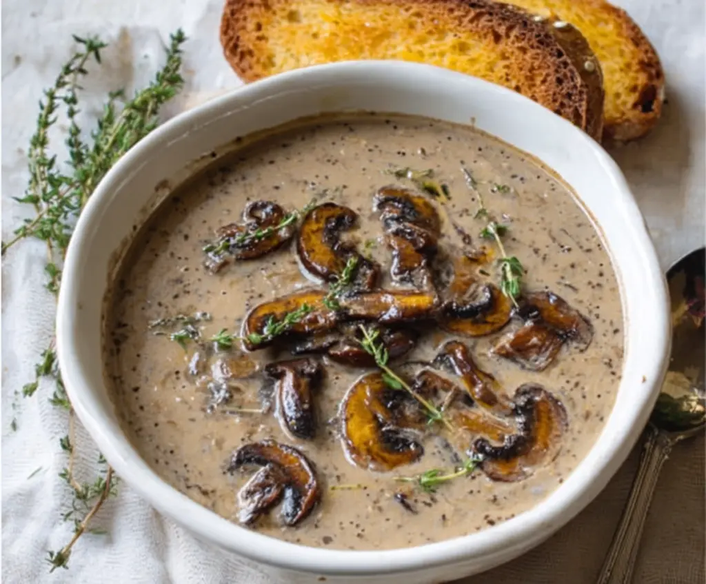 Creamy mushroom thyme soup served in a bowl with fresh herbs and bread on the side
