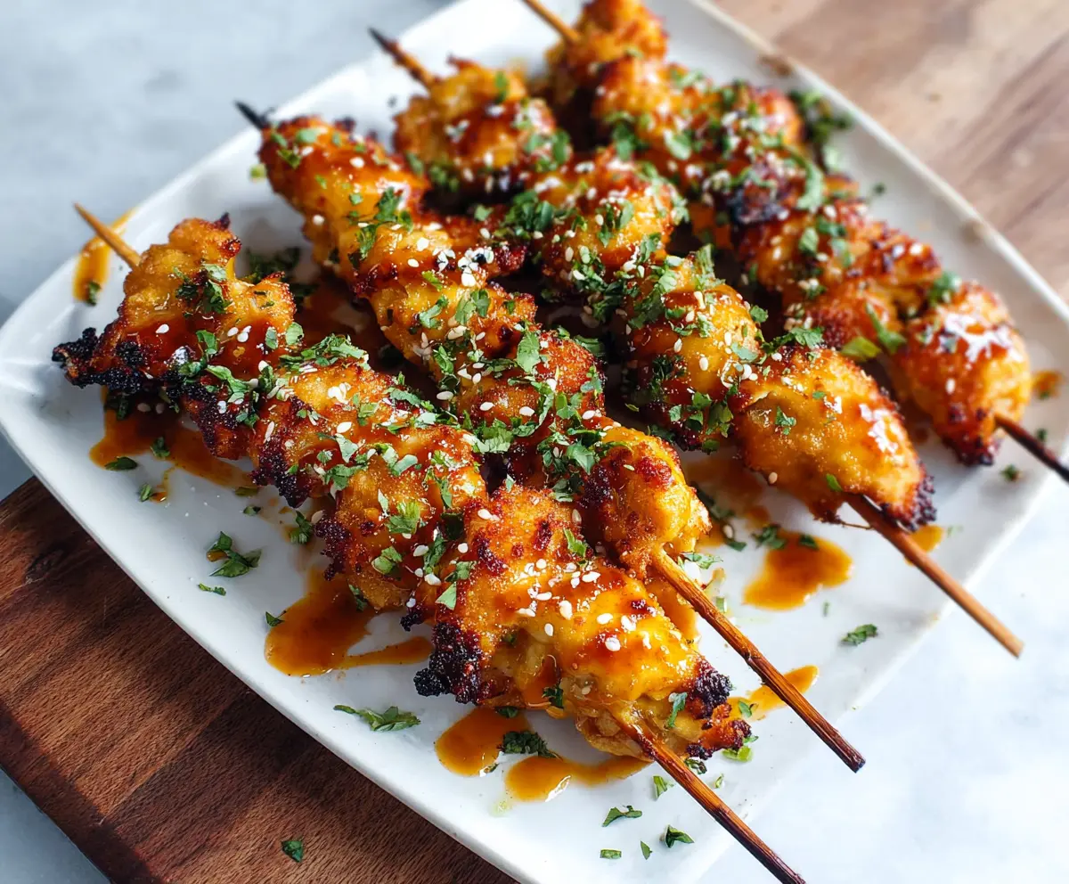 Crispy Bang Bang Chicken Skewers served with vibrant dipping sauce on a white platter