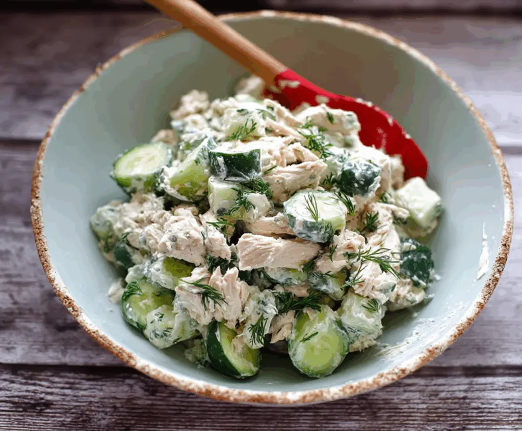 Fresh cucumber and dill Greek yogurt rotisserie chicken salad ready to serve, showcasing a light and healthy meal.