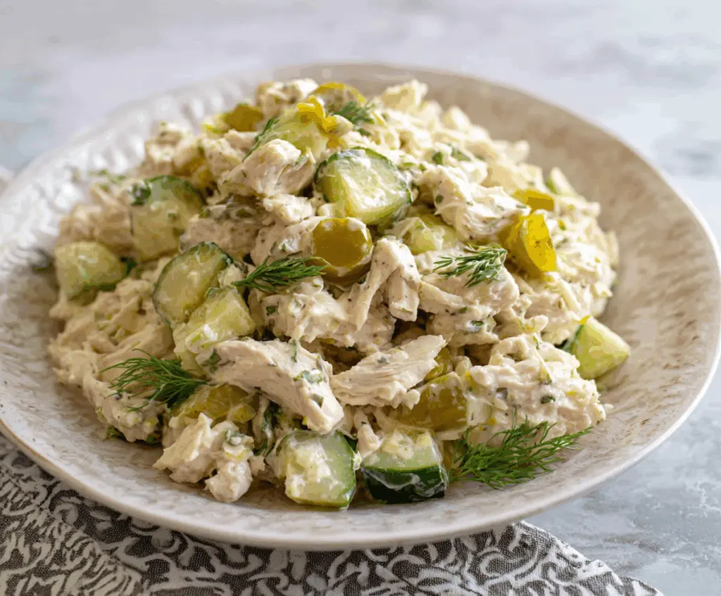 Creamy Dill Pickle Chicken Salad with fresh herbs and crunchy vegetables