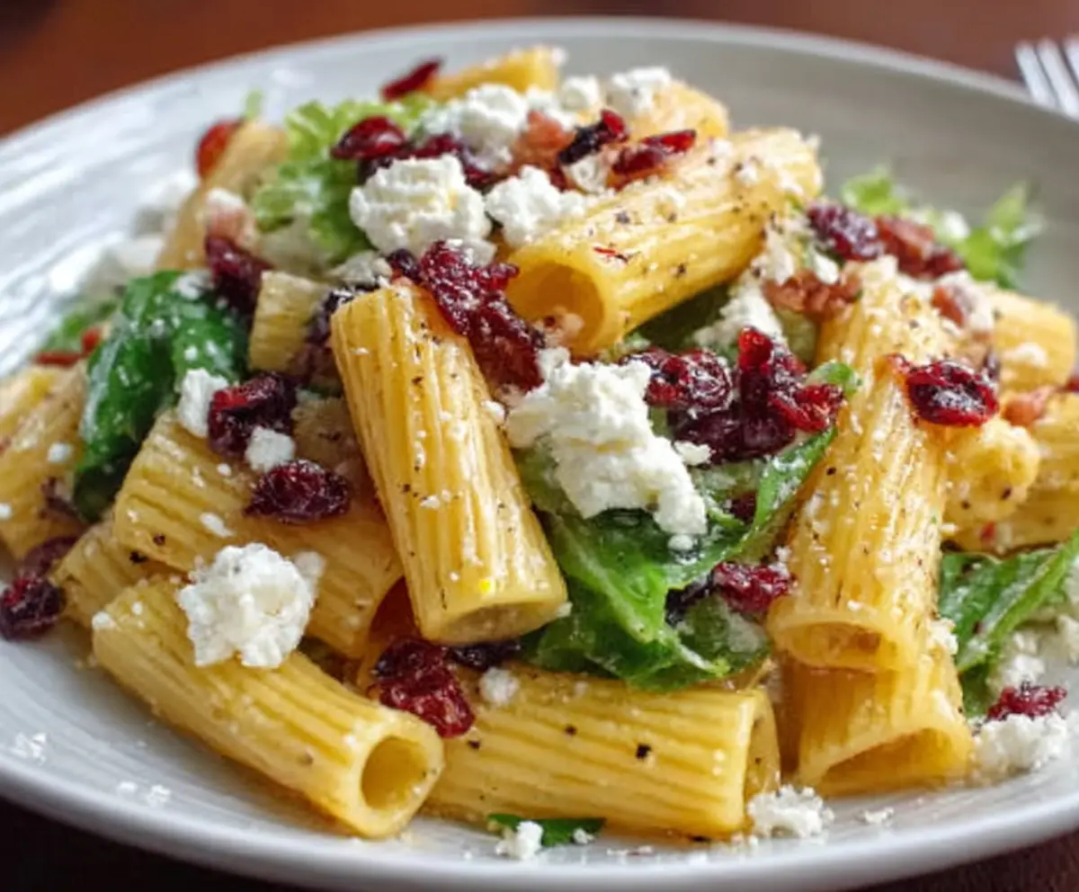 Bright and colorful Feta & Cranberry Rigatoni Salad drizzled with lemon vinaigrette, featuring fresh ingredients and vibrant presentation.