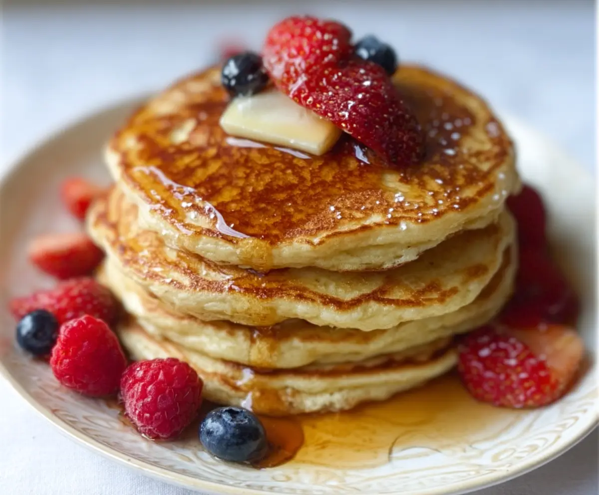 Delicious fluffy sourdough discard pancakes stacked on a plate with syrup