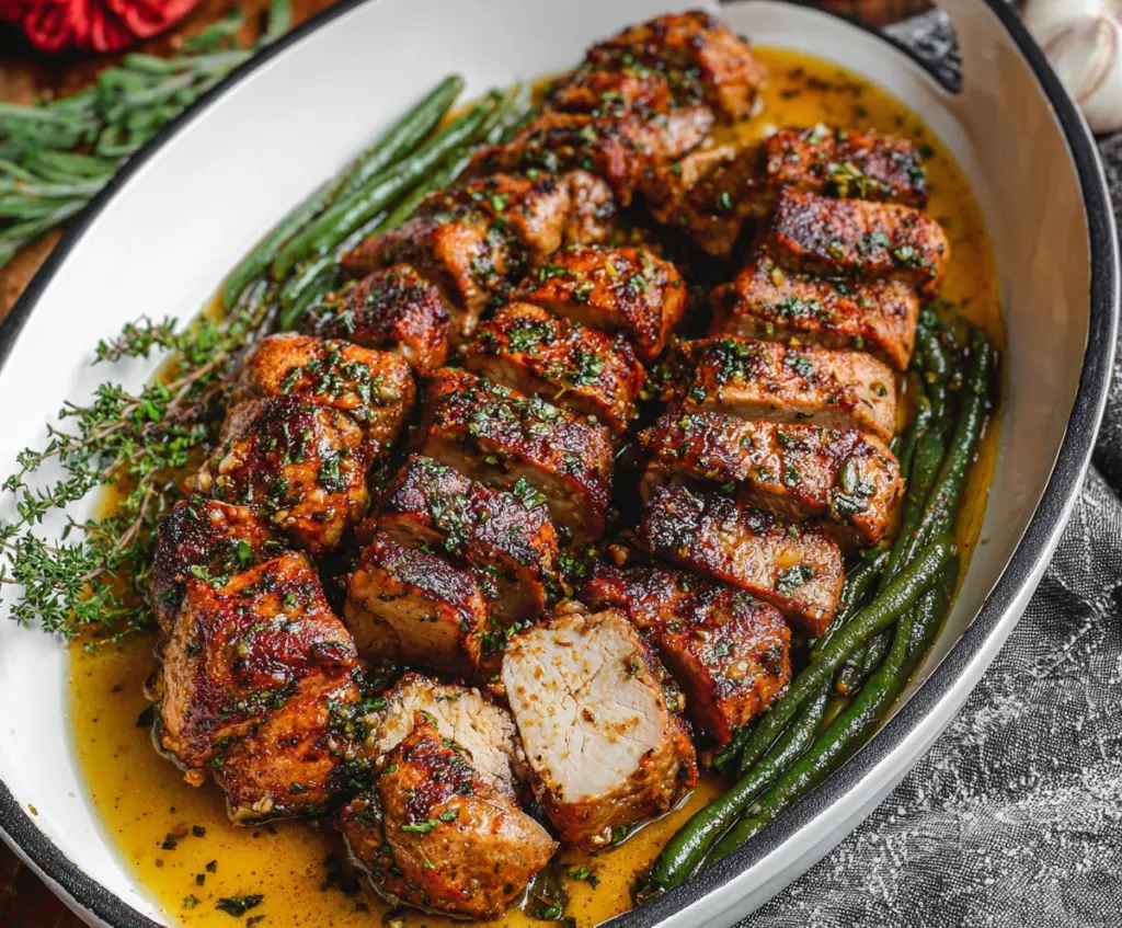 Juicy garlic butter pork tenderloin served with fresh herbs on a white plate.