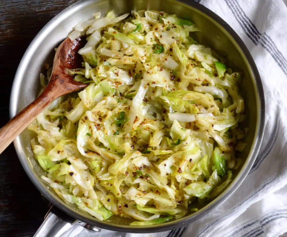 Cooking Garlic Butter Sautéed Cabbage in a pan with fresh garlic and melting butter.