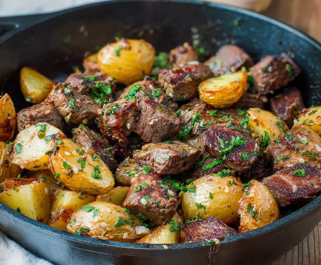 Juicy garlic butter steak bites served with crispy golden potatoes on a white plate.