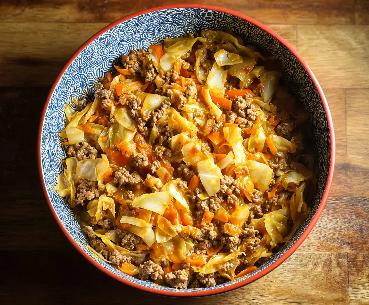 Savory ground beef and chopped cabbage stir-fry in a skillet for a hearty meal.