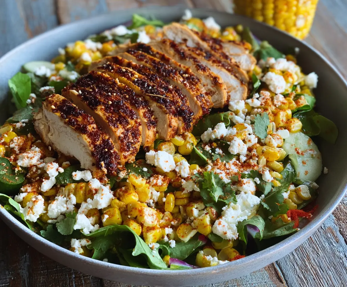 Delicious healthy Mexican street corn chicken salad with fresh ingredients and vibrant colors.
