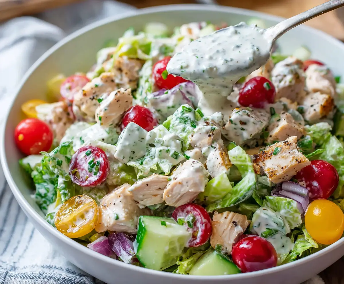 Healthy Ranch Chicken Salad with fresh vegetables and creamy dressing on a white plate.