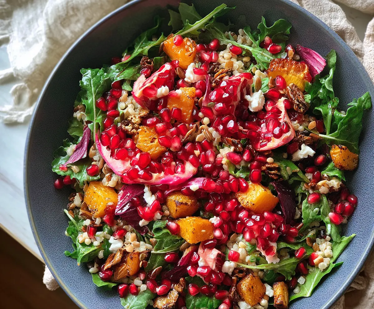 Healthy winter salad with fresh greens, pomegranate seeds, and nuts in a white ceramic bowl.