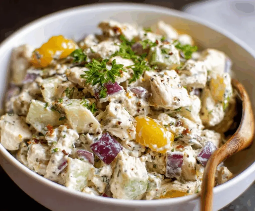 High protein cottage cheese chicken salad with banana peppers in a bowl for a nutritious meal.