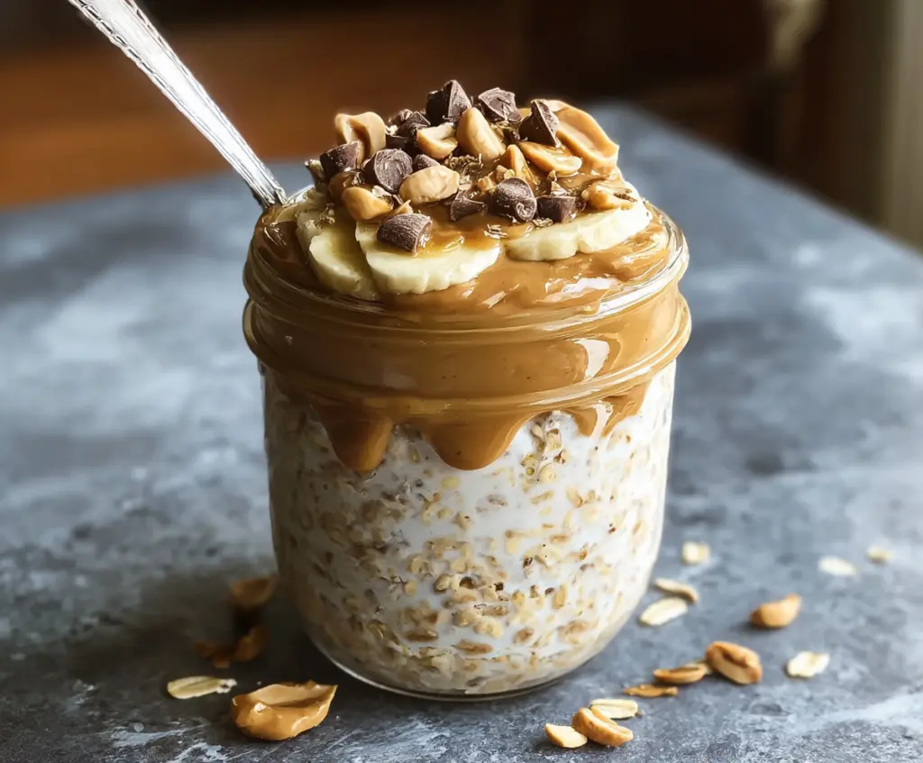 Creamy high-protein peanut butter overnight oats topped with fresh fruit and chia seeds for a nutritious breakfast.