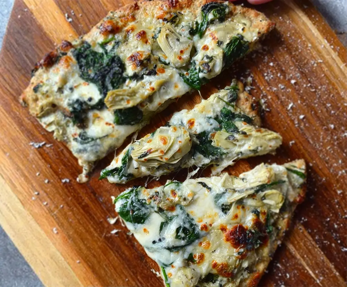 High Protein Spinach Artichoke Pizza