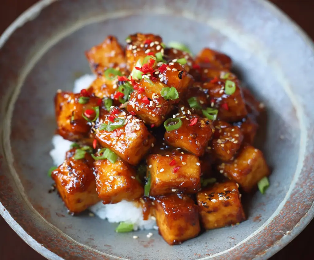 Delicious honey garlic tofu stir-fry served with colorful vegetables on a white plate.