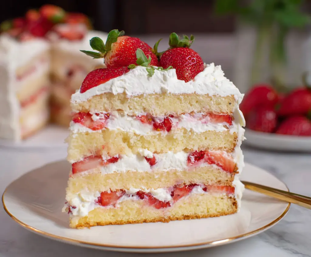 Delicious layered strawberry shortcake cake with fresh strawberries and whipped cream dessert.
