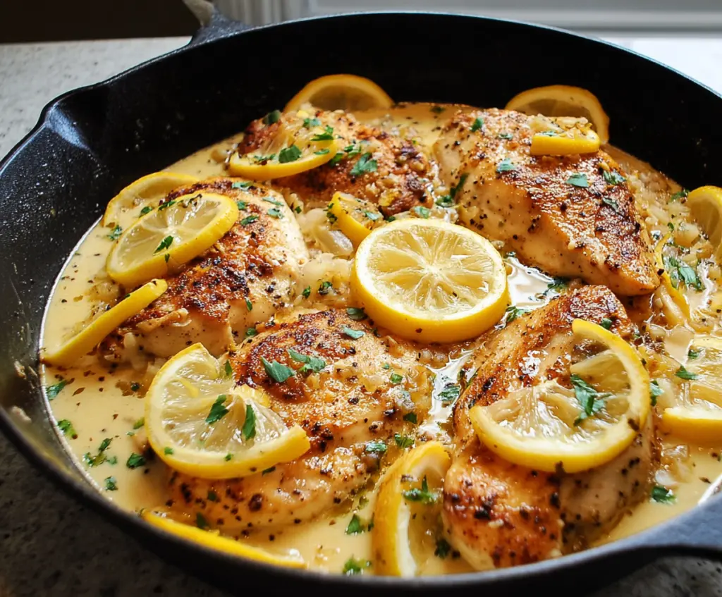 Juicy lemon garlic chicken skillet served with fresh herbs and vegetables, perfect for a flavorful dinner.