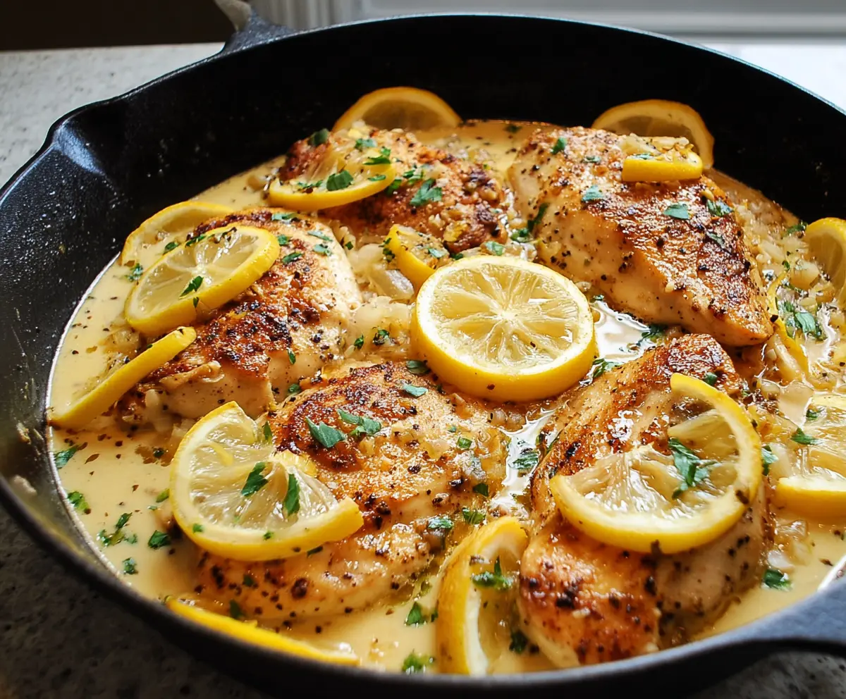 Juicy lemon garlic chicken skillet served with fresh herbs and vegetables, perfect for a flavorful dinner.